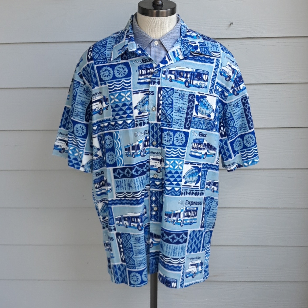 HAWAII ID Blue Hawaiian Transport XXL‎ Shirt VTG